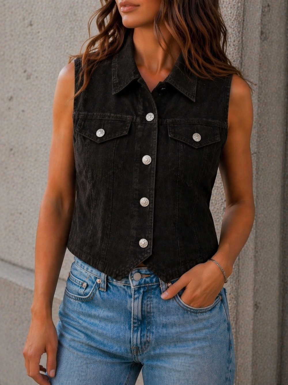 Vintage Leather Vest Buffalo Nickel Button Western Biker Style L